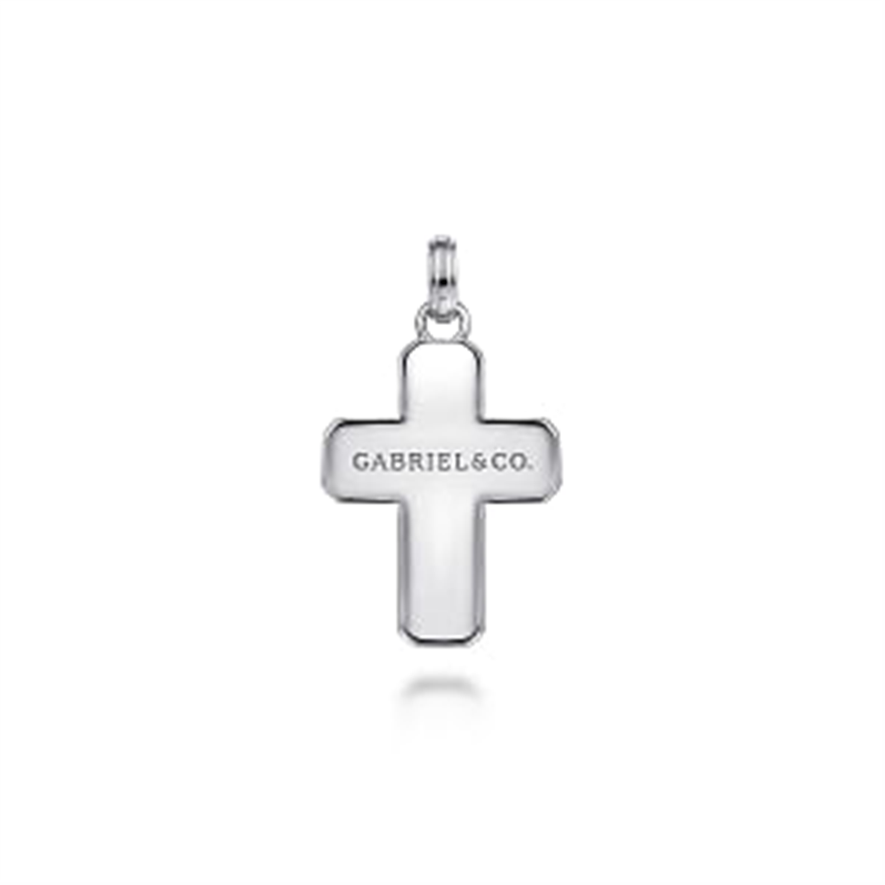 A Gabriel & Co Sterling Silver and Black Spinel Cross Pendant with the inscription "GABRIEL & CO." in the center. The pendant features a small loop at the top for attaching to a chain and is showcased on a plain white background, accentuating its elegance.