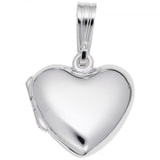 The Rembrandt Charms Heart Locket Charm in polished sterling silver features a smooth, heart-shaped design with a small hinge on one side and a minimalist bail at the top for threading onto a chain, exuding timeless beauty.