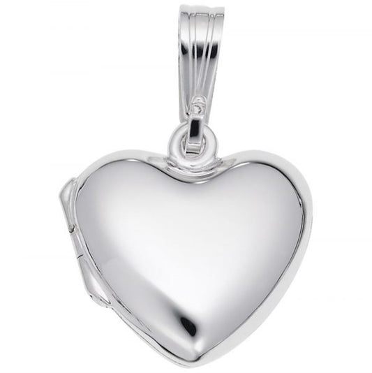 The Rembrandt Charms Heart Locket Charm in polished sterling silver features a smooth, heart-shaped design with a small hinge on one side and a minimalist bail at the top for threading onto a chain, exuding timeless beauty.
