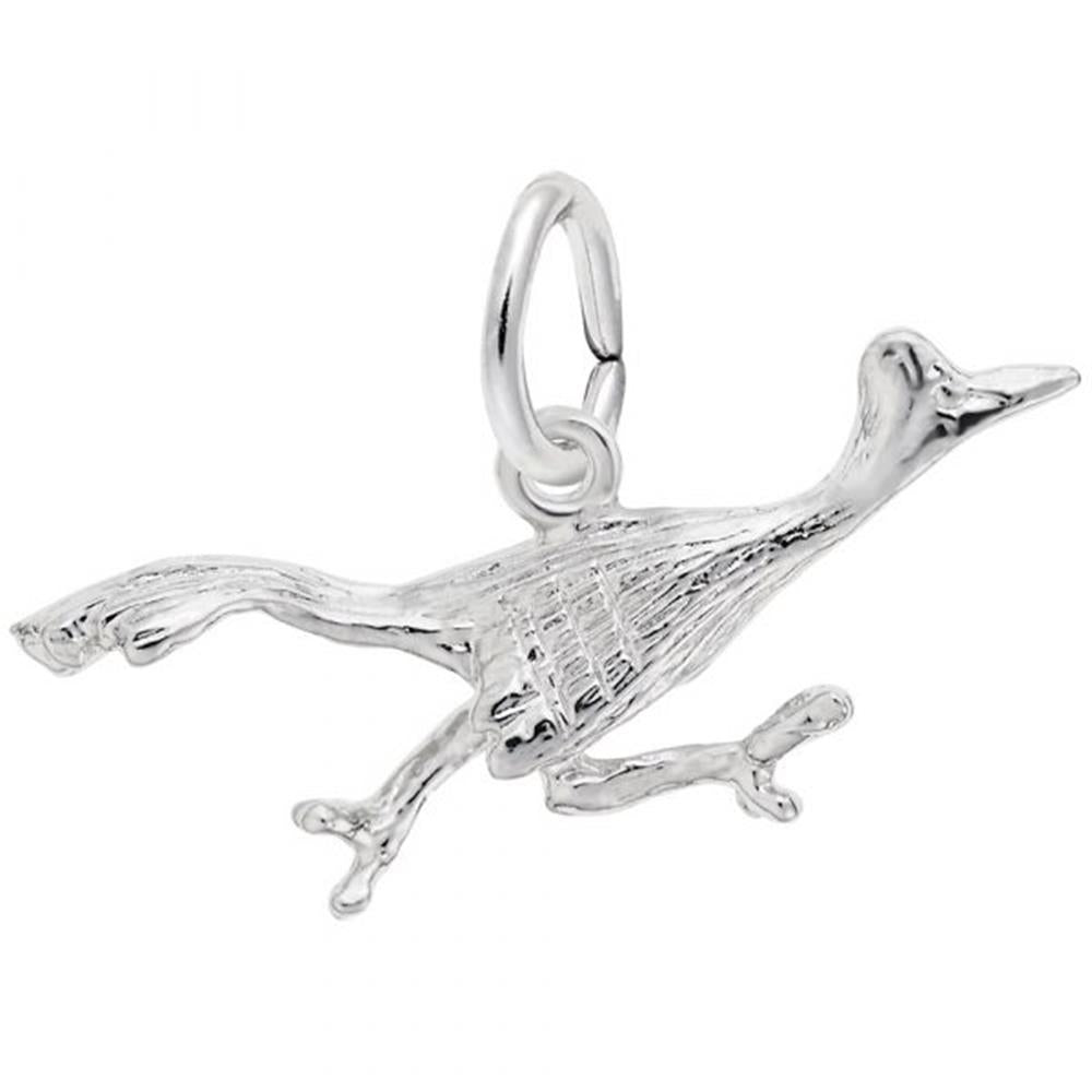 The Rembrandt Charms Road Runner Charm in sterling silver is intricately shaped like a running bird, likely modeled after a Road Runner. This charm features detailed feather and texture engravings, an attached hoop for adding to a chain or bracelet, and highlights the bird's long tail and beak.