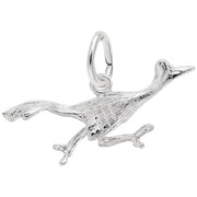 The Rembrandt Charms Road Runner Charm in sterling silver is intricately shaped like a running bird, likely modeled after a Road Runner. This charm features detailed feather and texture engravings, an attached hoop for adding to a chain or bracelet, and highlights the bird's long tail and beak.