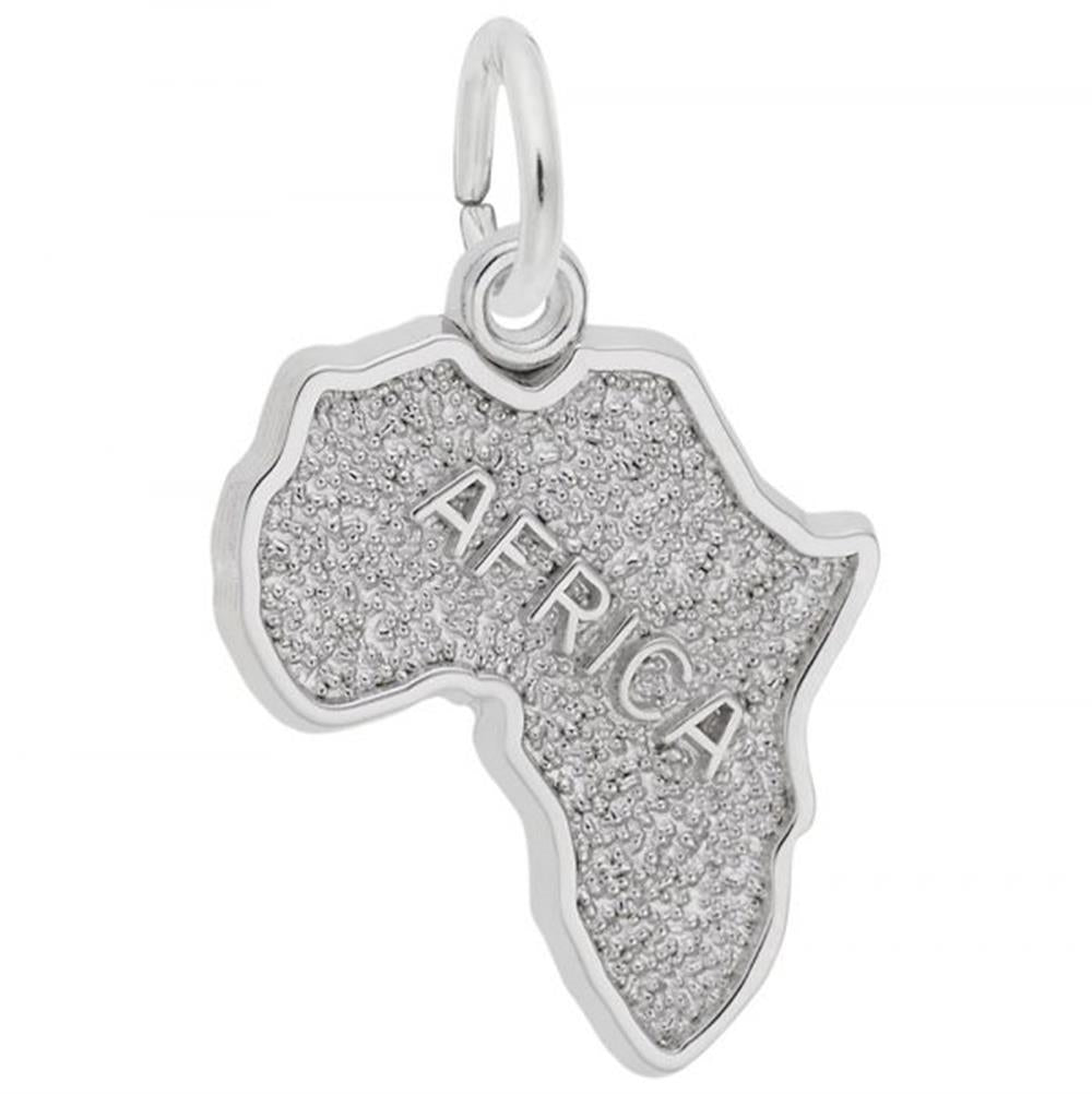 The Africa Map Charm in sterling silver from Rembrandt Charms is an elegant pendant shaped like the continent of Africa, featuring a textured surface with the word "AFRICA" engraved prominently in the center. This charm includes a loop at the top for attaching to a necklace or bracelet.