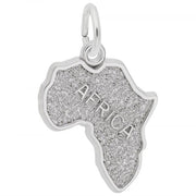 The Africa Map Charm in sterling silver from Rembrandt Charms is an elegant pendant shaped like the continent of Africa, featuring a textured surface with the word "AFRICA" engraved prominently in the center. This charm includes a loop at the top for attaching to a necklace or bracelet.