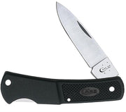 The CASE BLACK CALIBER SYNTHETIC LOCKBACK 00156 by W.R. Case & Sons Cutlery Co. features a single stainless steel blade partially opened, with "CASE XX" engraved near its base. The CALIBER SYNTHETIC handle includes a textured grip and a lanyard hole at the end.