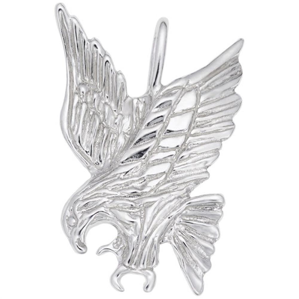 This Eagle Pendant Charm in Sterling Silver by Rembrandt Charms features an eagle with wings outstretched, showcasing detailed feathers and sharp talons in a dynamic, descending pose.