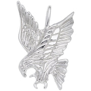 This Eagle Pendant Charm in Sterling Silver by Rembrandt Charms features an eagle with wings outstretched, showcasing detailed feathers and sharp talons in a dynamic, descending pose.