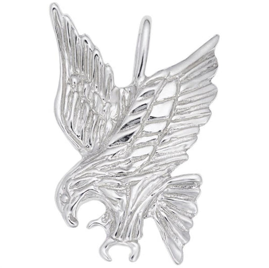 This Eagle Pendant Charm in Sterling Silver by Rembrandt Charms features an eagle with wings outstretched, showcasing detailed feathers and sharp talons in a dynamic, descending pose.