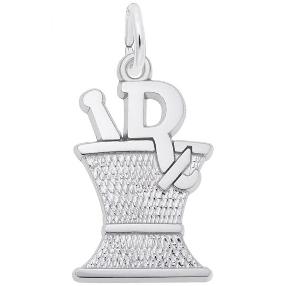 The Pharmacy Mortar & Pestle Charm in Sterling Silver by Rembrandt Charms features a distinctive design with a prominent "Rx" symbol on top, representing pharmacy. The charm includes a textured pattern on the mortar and has a small loop for easy attachment to a chain or bracelet.