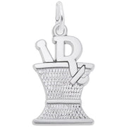 The Pharmacy Mortar & Pestle Charm in Sterling Silver by Rembrandt Charms features a distinctive design with a prominent "Rx" symbol on top, representing pharmacy. The charm includes a textured pattern on the mortar and has a small loop for easy attachment to a chain or bracelet.