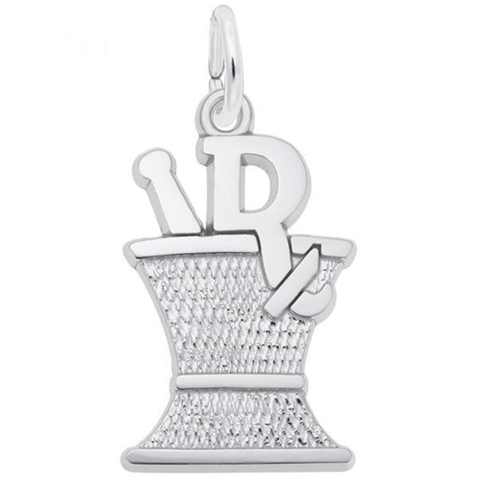 The Pharmacy Mortar & Pestle Charm in Sterling Silver by Rembrandt Charms features a distinctive design with a prominent "Rx" symbol on top, representing pharmacy. The charm includes a textured pattern on the mortar and has a small loop for easy attachment to a chain or bracelet.