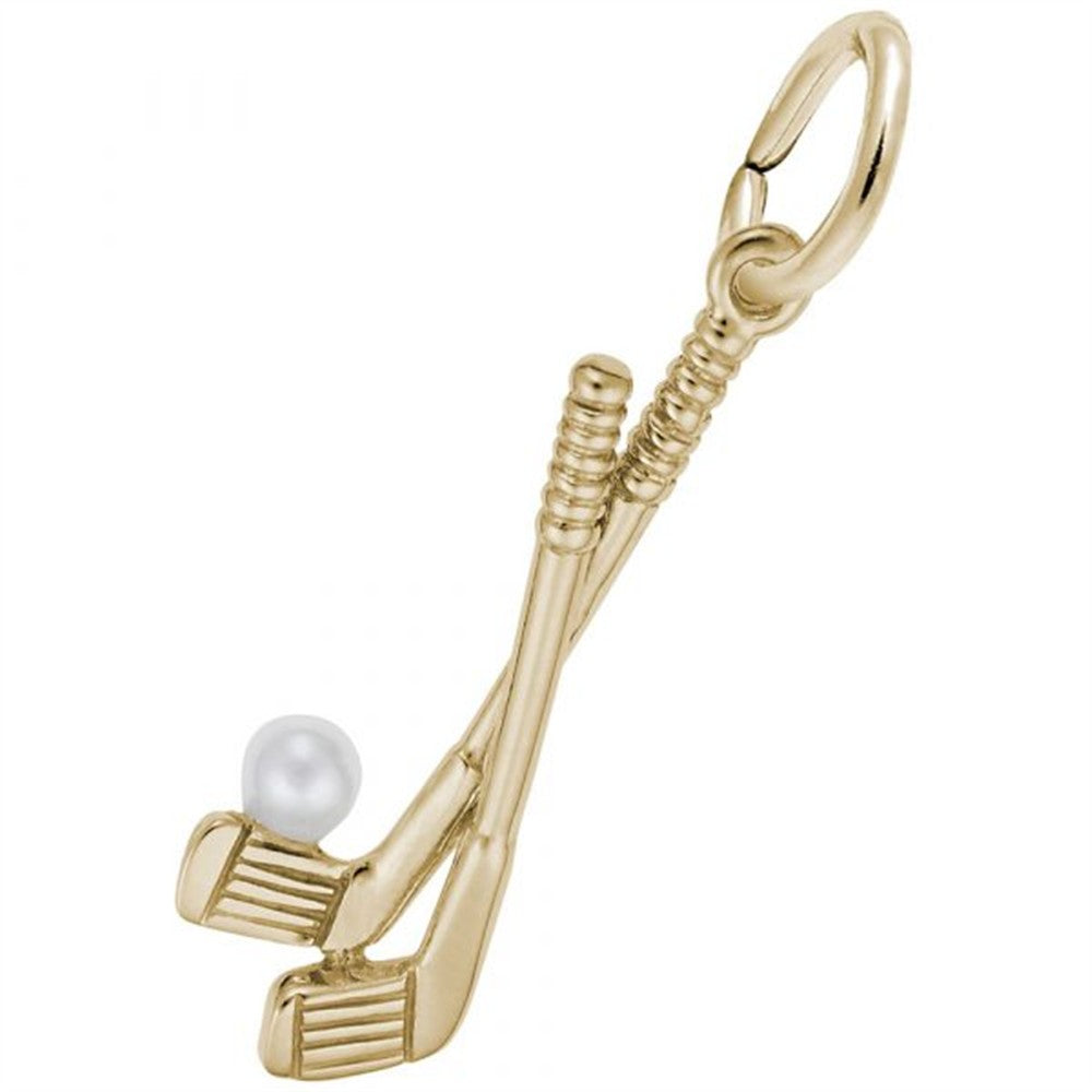 The Rembrandt Charms Yellow Gold Charm (14 Kt Y) features two crossed golf clubs with a white pearl accent symbolizing a golf ball.