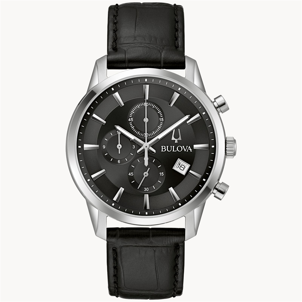 Introducing the Bulova Sutton Six-Hand Chronograph Watch with Stainless Steel Bracelet by the Bulova Watch Company. This timepiece features a round black dial adorned with silver-tone hour markers, three subdials, and a date display. It boasts a sleek silver stainless steel case and is completed with a matching stainless steel bracelet, all powered by precise quartz movement.