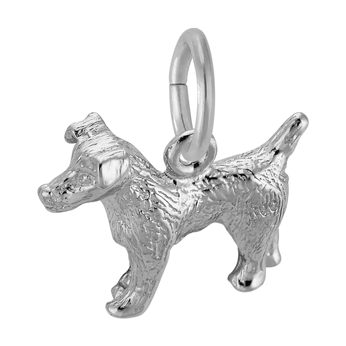 The Rembrandt Charms Jack Russell Terrier Charm-Sterling Silver features a three-dimensional dog-shaped design with textured fur, a raised tail, and a top loop for easy attachment to your bracelet or necklace—ideal for Jack Russell Terrier charm collectors.