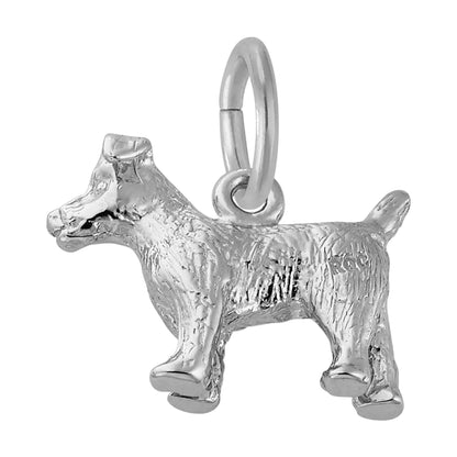 The Rembrandt Charms Jack Russell Terrier Charm-Sterling Silver is a three-dimensional pendant crafted in sterling silver, featuring a textured surface and a top loop for easy attachment to your favorite bracelet or necklace.