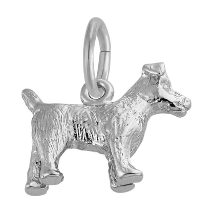 The Jack Russell Terrier Charm-Sterling Silver by Rembrandt Charms is a three-dimensional sterling silver charm featuring a rough-textured body, upright ears, short tail, and a convenient loop on its back for attaching to your bracelet or necklace.