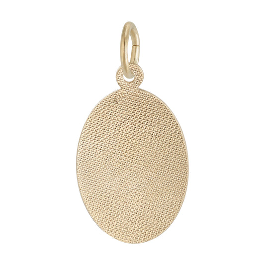 The Rembrandt Charms Volleyball Player Oval Disc Charm- Gold Plated features a textured, gold-colored oval pendant with a small top loop for easy attachment to a necklace or keychain, making it a thoughtful volleyball gift for any enthusiast. Isolated on a white background.