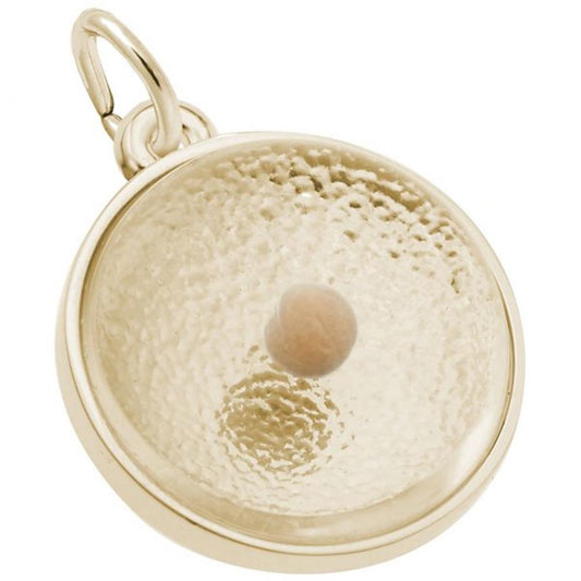 The Mustard Seed / 14K Yellow Gold Charm by Rembrandt Charms features a gold round pendant with a textured concave surface, highlighted by a small, smooth beige sphere in the center. Crafted from 14K Yellow Gold, this elegant piece comes with a loop at the top for easy attachment to any chain or necklace.
