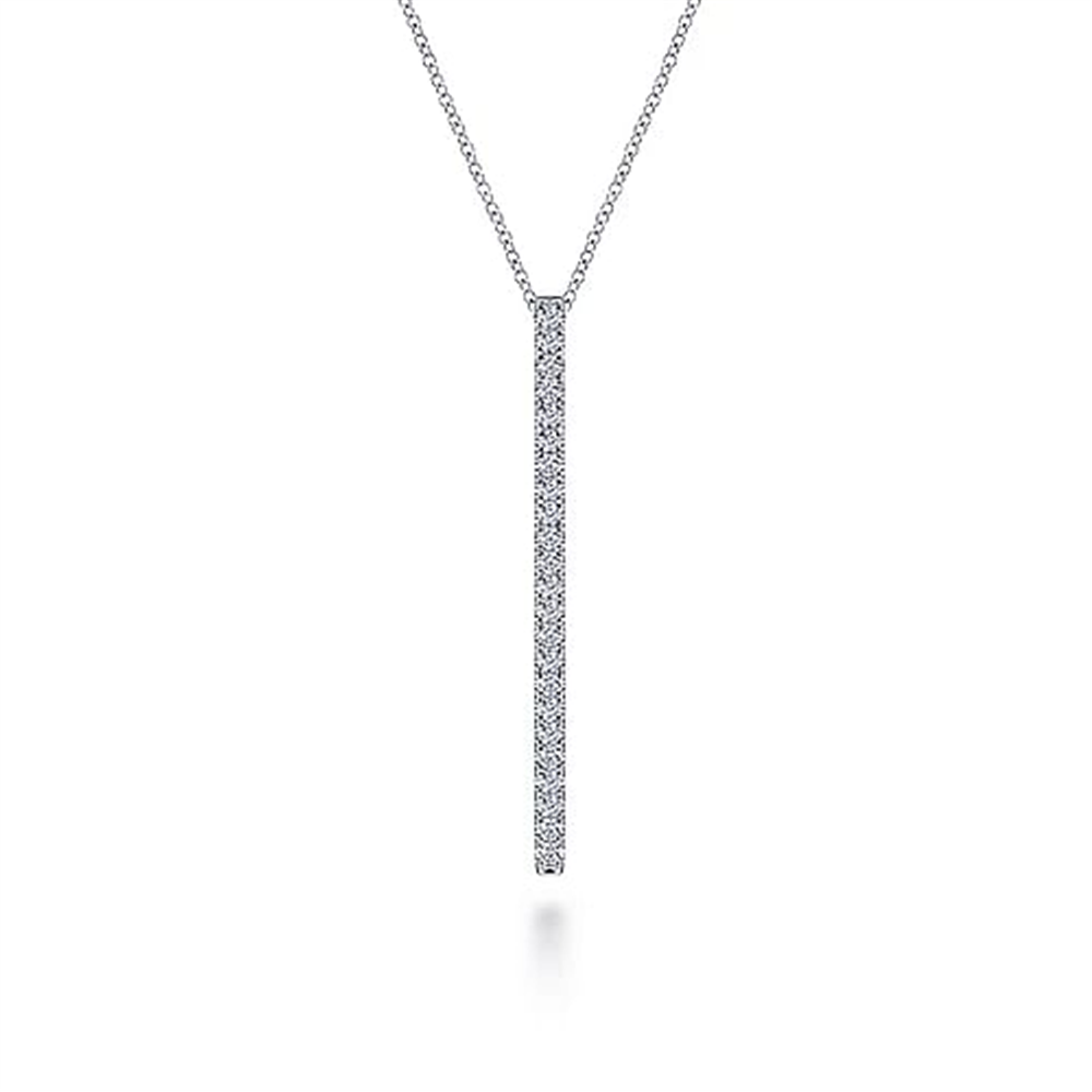 The 14K White Gold Diamond Bar Pendant Necklace by Gabriel & Co features a delicate design with a long, slender vertical pendant adorned with small, sparkling diamonds. Hanging from a fine chain, this exquisite piece is part of the elegant and minimalist Lusso Collection.