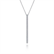 The 14K White Gold Diamond Bar Pendant Necklace by Gabriel & Co features a delicate design with a long, slender vertical pendant adorned with small, sparkling diamonds. Hanging from a fine chain, this exquisite piece is part of the elegant and minimalist Lusso Collection.
