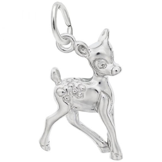 A detailed image of the Sterling Silver Fawn Charm by Rembrandt Charms. This charm features an intricately detailed fawn, measuring 0.66 inches by 0.7 inches (16.83 mm by 17.7 mm). The charm has a polished sterling silver finish, perfect for adding a touch of woodland elegance to any charm bracelet or necklace. Style number 2602.