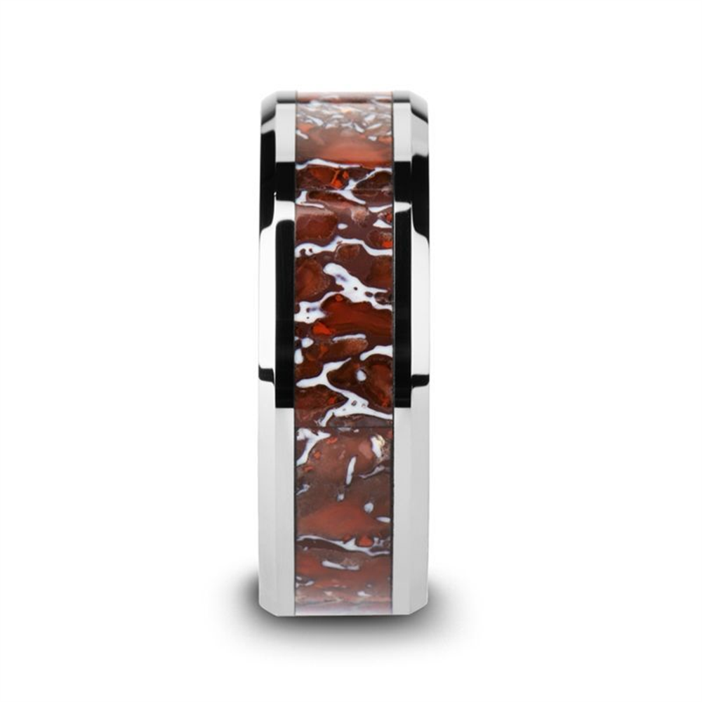 A close-up image of the Thorsten "JURASSIC" Red Dinosaur Bone Inlaid Tungsten Carbide Beveled Edged Ring, featuring a striking red, brown, and white marbled inlay reminiscent of dinosaur bone. Crafted from tungsten carbide, the outer edges boast a polished silver finish, giving it a sleek and modern design.