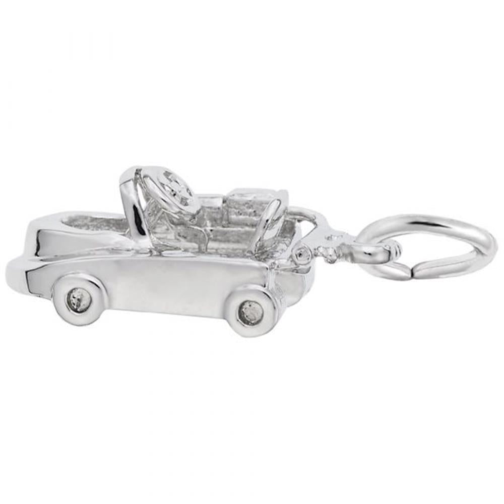 A close-up of the Go Kart Charm by Rembrandt Charms, made from sterling silver and designed in the shape of a go-kart with detailed wheels and an open-top design. This charming piece has its keyring attached to the back.
