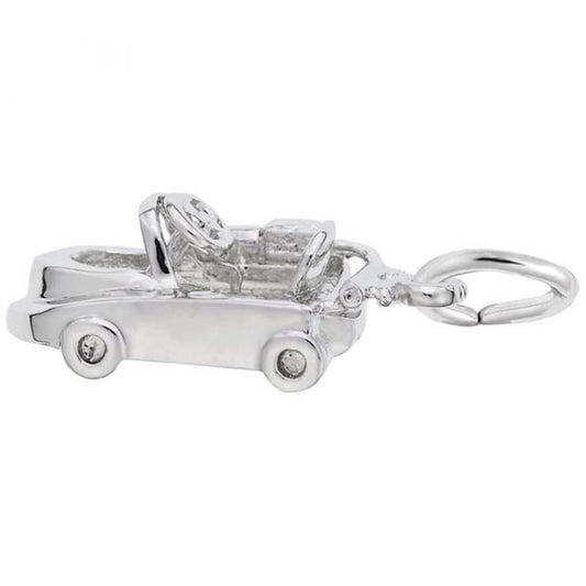 A close-up of the Go Kart Charm by Rembrandt Charms, made from sterling silver and designed in the shape of a go-kart with detailed wheels and an open-top design. This charming piece has its keyring attached to the back.