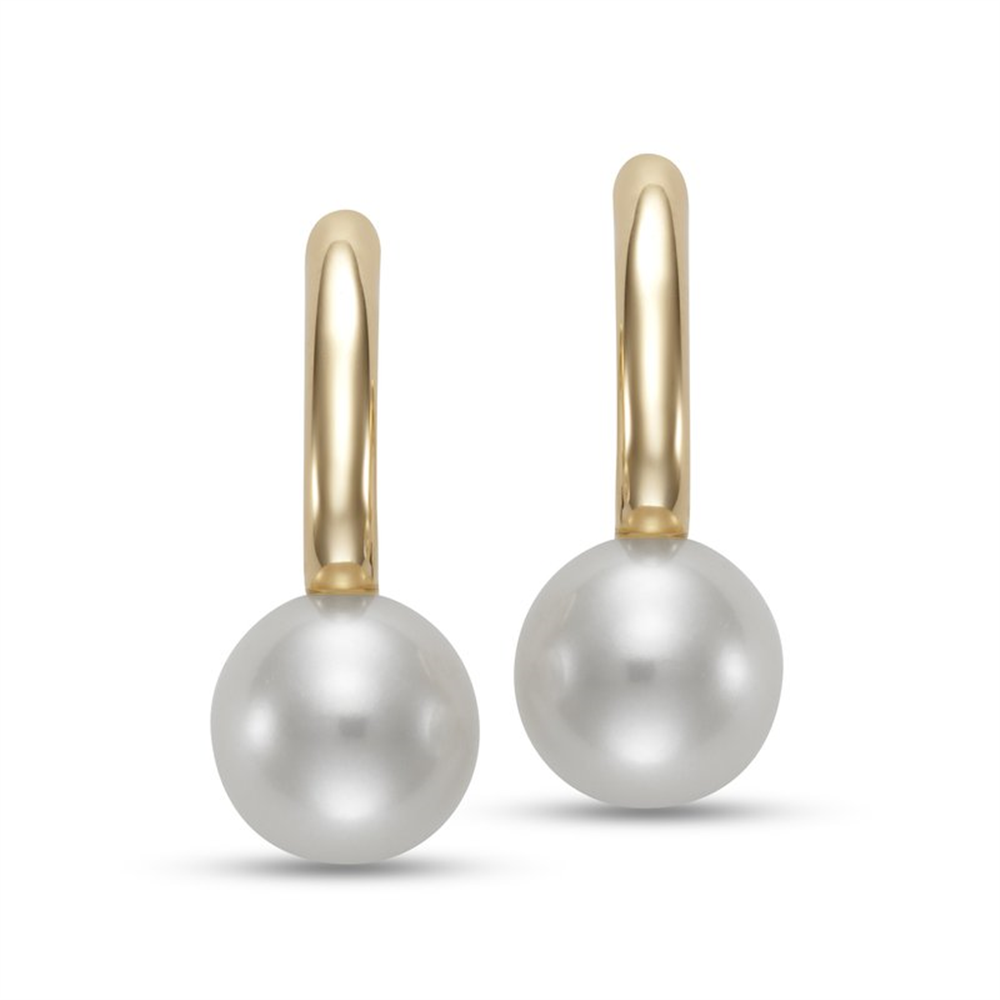 The Mastoloni Pearls Round 7-7.5 mm Freshwater Pearl 14k Yellow Half Hoop Earrings showcase a single freshwater pearl on each polished, simple half hoop for an elegant look.