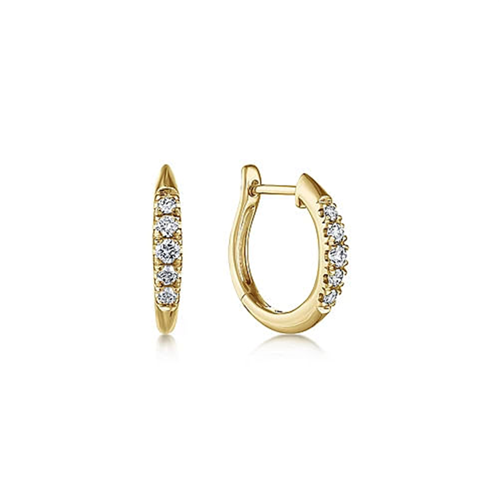 Introducing the 14K Yellow Gold Classic Round 15mm Diamond Huggie Earrings by Gabriel & Co. As part of our Classic Collection, these gold hoop earrings are adorned with small round diamonds on the front half. Crafted in 14K Yellow Gold, the left earring is displayed from the side to showcase its thickness and stone settings, while the right earring is partially open to reveal the clasp mechanism.