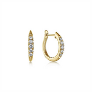Introducing the 14K Yellow Gold Classic Round 15mm Diamond Huggie Earrings by Gabriel & Co. As part of our Classic Collection, these gold hoop earrings are adorned with small round diamonds on the front half. Crafted in 14K Yellow Gold, the left earring is displayed from the side to showcase its thickness and stone settings, while the right earring is partially open to reveal the clasp mechanism.