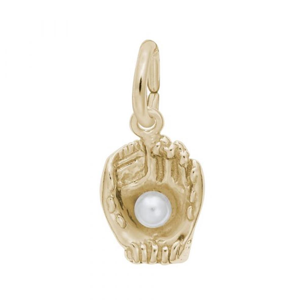 Image of a gold-plated Baseball Glove with Pearl Accent Charm, Style 0435, 0.36 in x 0.42 in (9.18 mm x 10.77 mm). The charm features a detailed baseball glove design holding a single pearl in the center, attached to a loop for easy addition to any charm bracelet