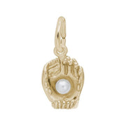 Image of a gold-plated Baseball Glove with Pearl Accent Charm, Style 0435, 0.36 in x 0.42 in (9.18 mm x 10.77 mm). The charm features a detailed baseball glove design holding a single pearl in the center, attached to a loop for easy addition to any charm bracelet