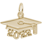 The Large Grad Cap 2022 Charm by Rembrandt Charms is crafted in 10K yellow gold and features a prominent graduation cap design with the year "2022" displayed beneath it. The tassel of the cap drapes over the numbers, and a small loop at the top allows for easy attachment to a necklace or bracelet chain.
