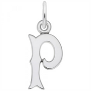 A sterling silver charm shaped like the lowercase letter "p," branded as Rembrandt Charms' "Letter 'P' Charm," featuring a small loop at the top for attaching to a bracelet or necklace. The design boasts smooth, curved lines and a polished finish.