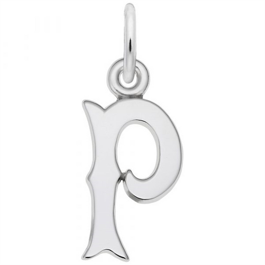 A sterling silver charm shaped like the lowercase letter "p," branded as Rembrandt Charms' "Letter 'P' Charm," featuring a small loop at the top for attaching to a bracelet or necklace. The design boasts smooth, curved lines and a polished finish.