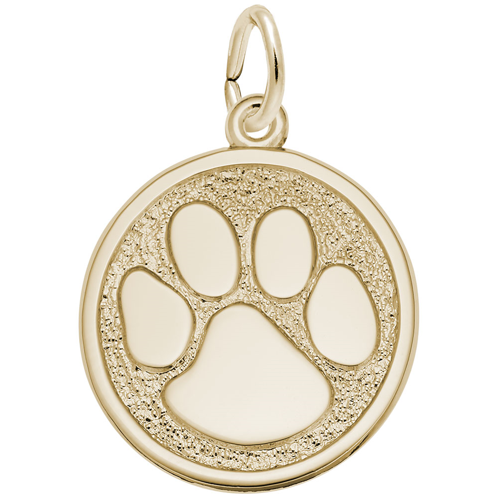 The Large Paw Print Charm / Gold Plated Sterling Silver by Rembrandt Charms is a round gold-plated charm with a textured background featuring a smooth, large paw print design in the center. The pendant has a small ring at the top for attaching to a chain or keyring.