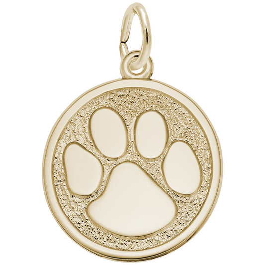 The Large Paw Print Charm / Gold Plated Sterling Silver by Rembrandt Charms is a round gold-plated charm with a textured background featuring a smooth, large paw print design in the center. The pendant has a small ring at the top for attaching to a chain or keyring.