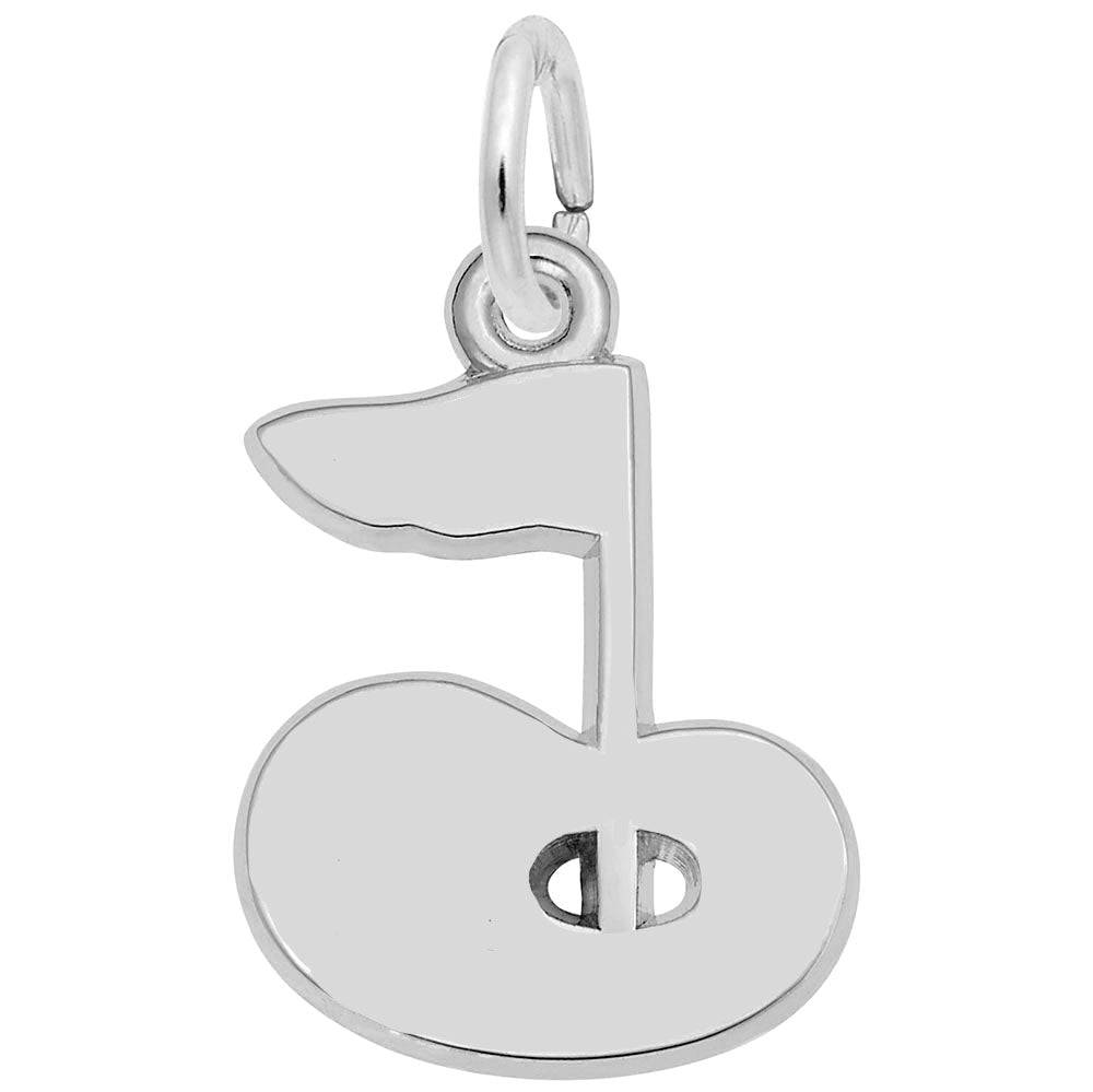The image shows the engravable back of the Sterling Silver Augusta Golf Green Charm. The charm features a smooth, flat surface on the reverse side, making it ideal for personalized engravings. This allows you to add a special touch, such as a name, date, or a memorable quote, to make the charm uniquely yours. The dimensions are 0.53 inches by 0.62 inches (13.45 mm by 15.78 mm), and the style number is 3501