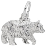 Discover the Black Bear 3D Charm in Sterling Silver by Rembrandt Charms, featuring a detailed depiction of a walking bear with textured fur. This majestic charm has a loop on its back for easy attachment to bracelets or necklaces, with lifelike elements that highlight its strength and presence.