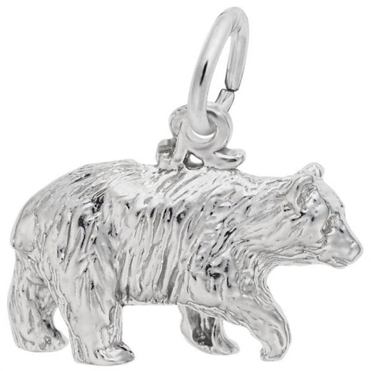 Discover the Black Bear 3D Charm in Sterling Silver by Rembrandt Charms, featuring a detailed depiction of a walking bear with textured fur. This majestic charm has a loop on its back for easy attachment to bracelets or necklaces, with lifelike elements that highlight its strength and presence.