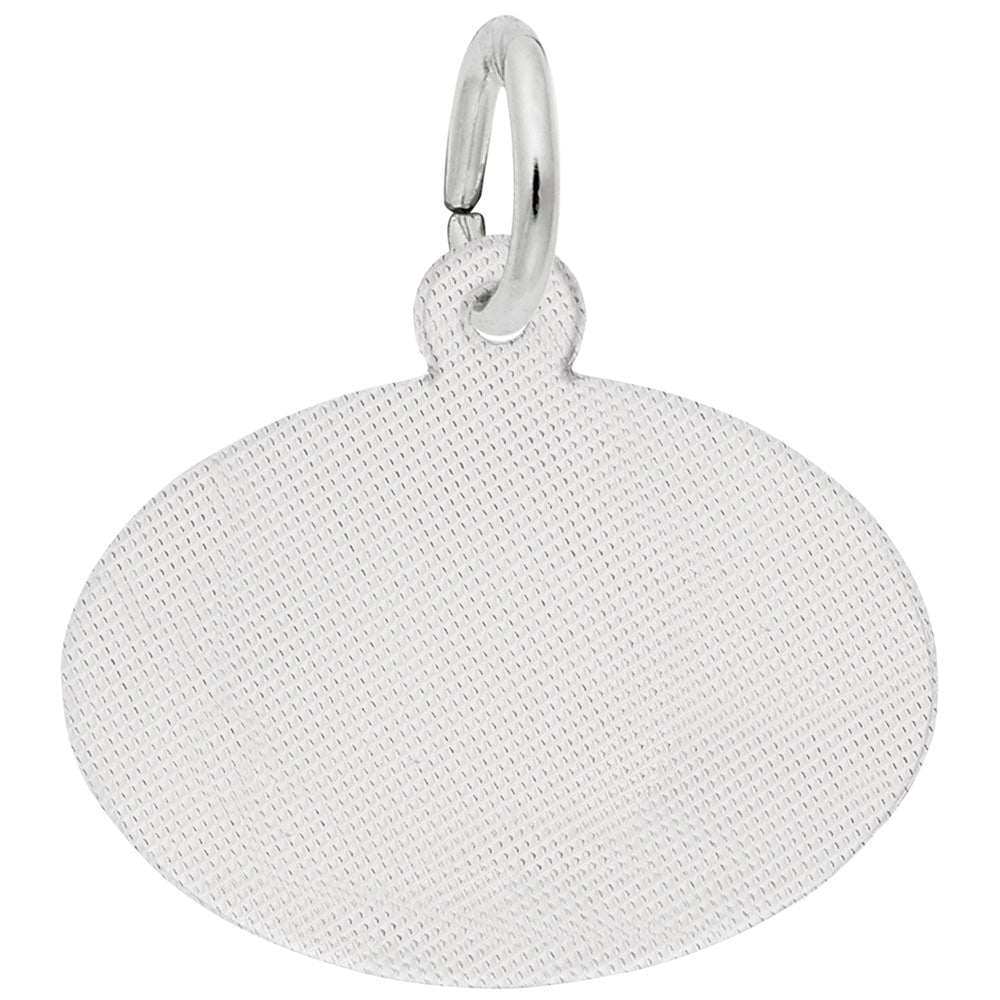 sterling silver alcatraz oval disc charm reverse side with textured surface for engraving.