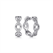 A pair of Sterling Silver Oval Link Classic Hoop Earrings measuring 20mm from Gabriel & Co's Bujukan Collection, showcasing a linked chain design and adorned with small, sparkling stones. The earrings boast a polished and intricate appearance, blending shiny metal with detailed accents.