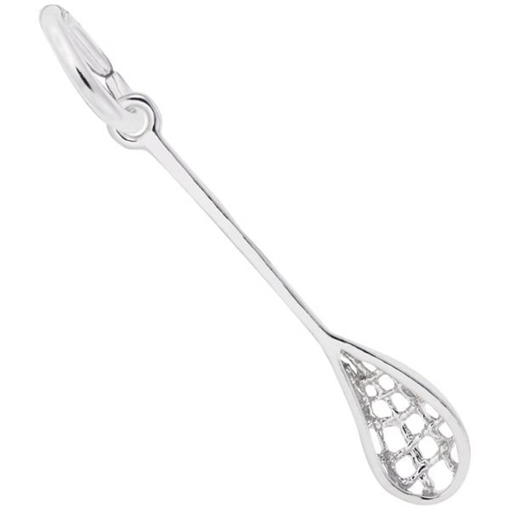 The Lacrosse Charm in Sterling Silver by Rembrandt Charms is intricately designed to perfectly resemble a standard lacrosse stick. The charm features a detailed handle and a netted head, with a small loop at the top for attaching to a chain or bracelet.