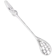 The Lacrosse Charm in Sterling Silver by Rembrandt Charms is intricately designed to perfectly resemble a standard lacrosse stick. The charm features a detailed handle and a netted head, with a small loop at the top for attaching to a chain or bracelet.