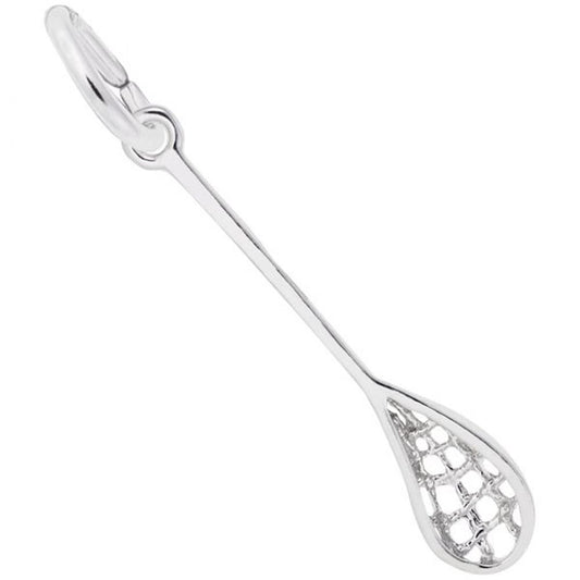 The Lacrosse Charm in Sterling Silver by Rembrandt Charms is intricately designed to perfectly resemble a standard lacrosse stick. The charm features a detailed handle and a netted head, with a small loop at the top for attaching to a chain or bracelet.
