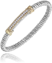 A luxurious bracelet from Alwand Vahan Jewelry, crafted with a 4mm twisted rope design in sterling silver and featuring a central section adorned with small, sparkling stones set in 14k gold accents. The bracelet's reflective surface enhances its elegant and sophisticated appearance. The total diamond weight is 0.10 carats, adding an extra touch of brilliance to this exquisite piece.