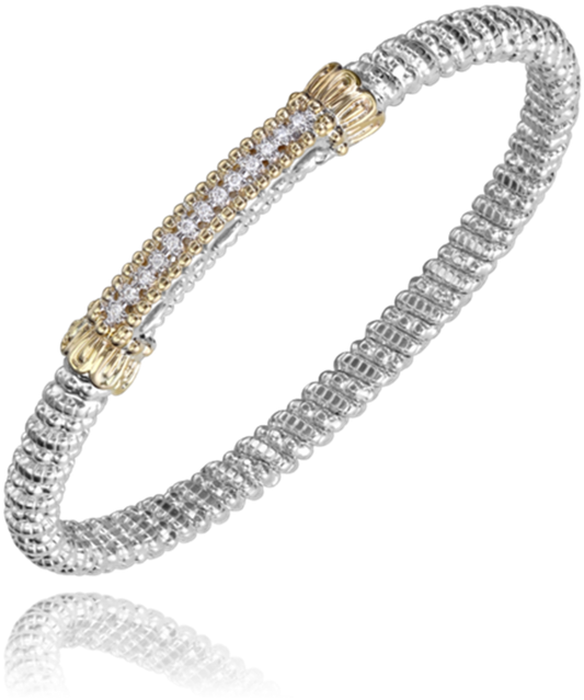 A luxurious bracelet from Alwand Vahan Jewelry, crafted with a 4mm twisted rope design in sterling silver and featuring a central section adorned with small, sparkling stones set in 14k gold accents. The bracelet's reflective surface enhances its elegant and sophisticated appearance. The total diamond weight is 0.10 carats, adding an extra touch of brilliance to this exquisite piece.