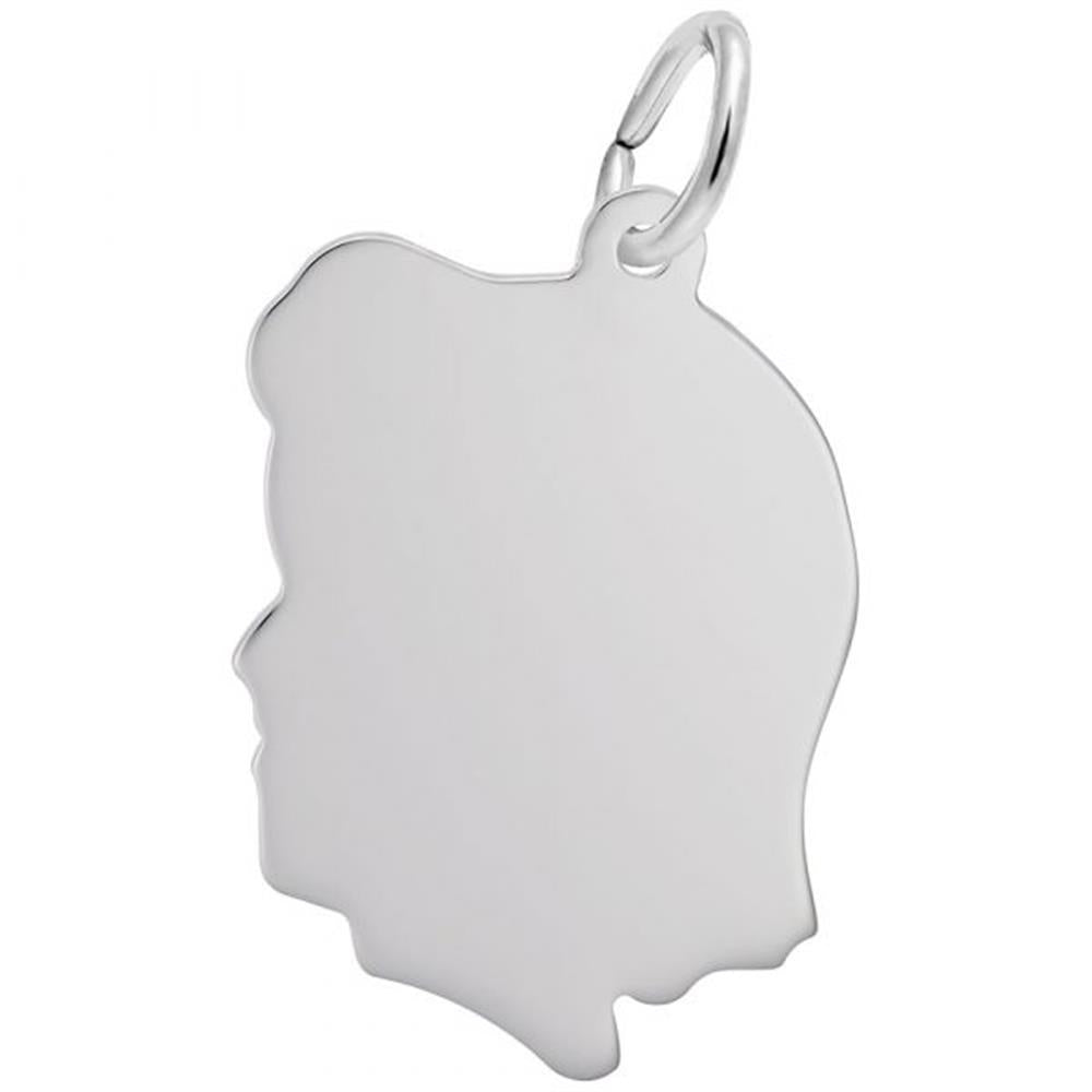 The Girl Head Flat Charm by Rembrandt Charms is a sterling silver pendant shaped like a human head profile. It features smooth edges and has a small loop at the top for attaching to a chain or clasp. The charm is blank with no additional designs or engravings, making it perfect for personalized touches.