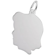 The Girl Head Flat Charm by Rembrandt Charms is a sterling silver pendant shaped like a human head profile. It features smooth edges and has a small loop at the top for attaching to a chain or clasp. The charm is blank with no additional designs or engravings, making it perfect for personalized touches.