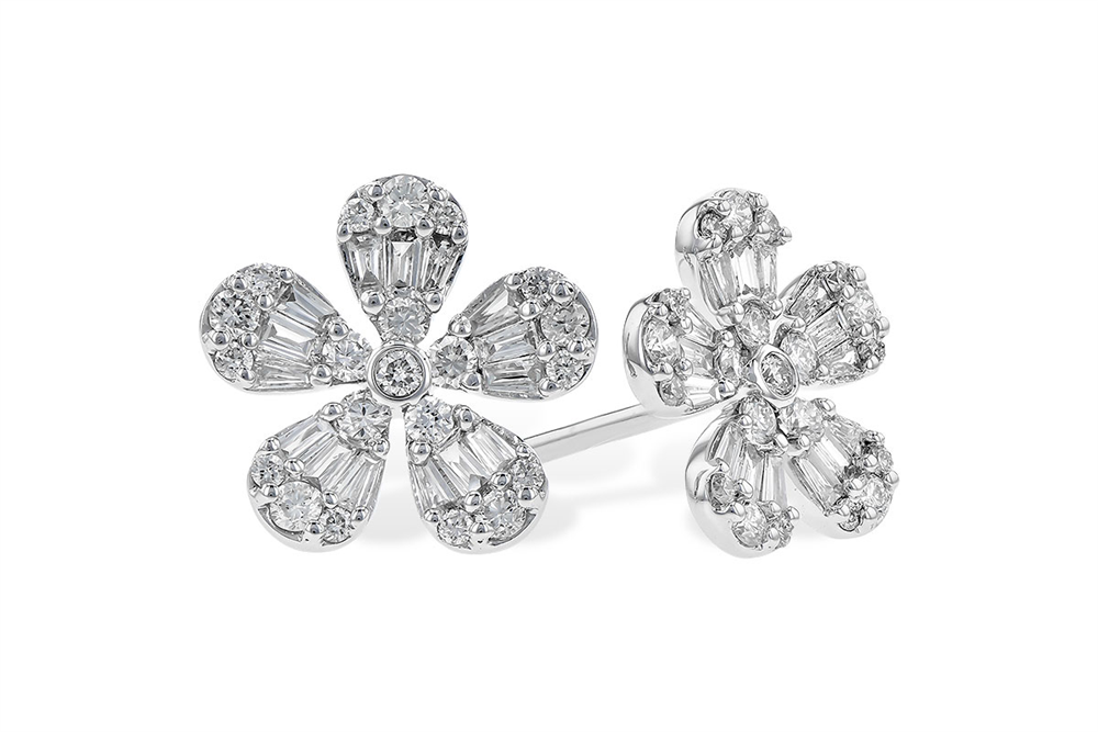 Introducing the Flower Diamond 14K White Gold Earrings by Allison Kaufman, featuring a pair of floral studs, each petal elegantly embellished with dazzling clear gemstones.